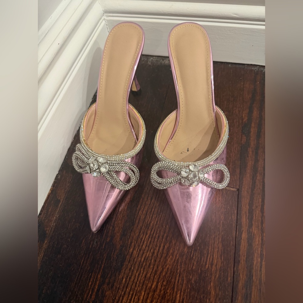 Pink Metallic Pointed Toe Mules with Crystal Bow